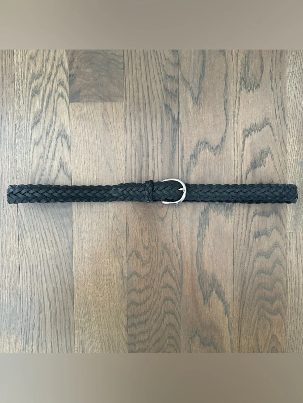 Vintage Western Braided Leather Belt Rounded Buckle in Black, Silver Size M/L